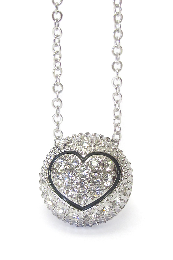 WHITEGOLD PLATING CRYSTAL PUFFY HEART BALL PENDANT NECKLACE