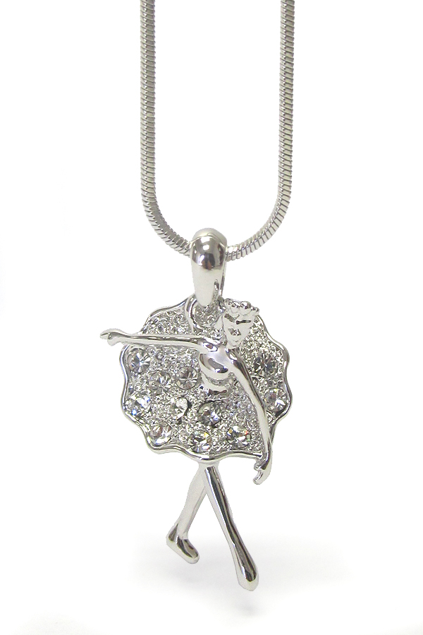 WHITEGOLD PLATING CRYSTAL STUD BALLERINA PENDANT NECKLACE