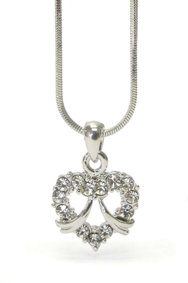 WHITEGOLD PLATING CRYSTAL HEART WITH BOW PENDANT NECKLACE