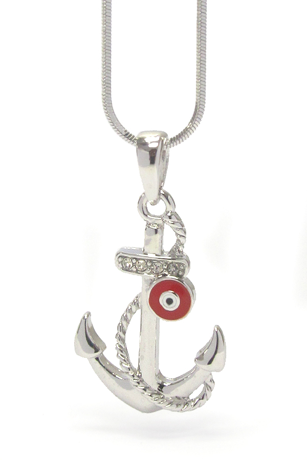 WHITEGOLD PLATING EVILEYE CRYSTAL ANCHOR PENDANT NECKLACE