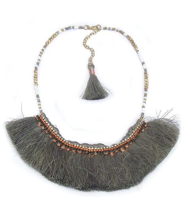 Thread tassel and seedbead bib necklace