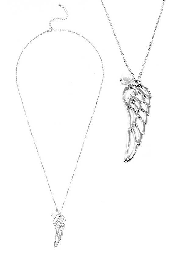 Angelwing and pearl pendant long necklace