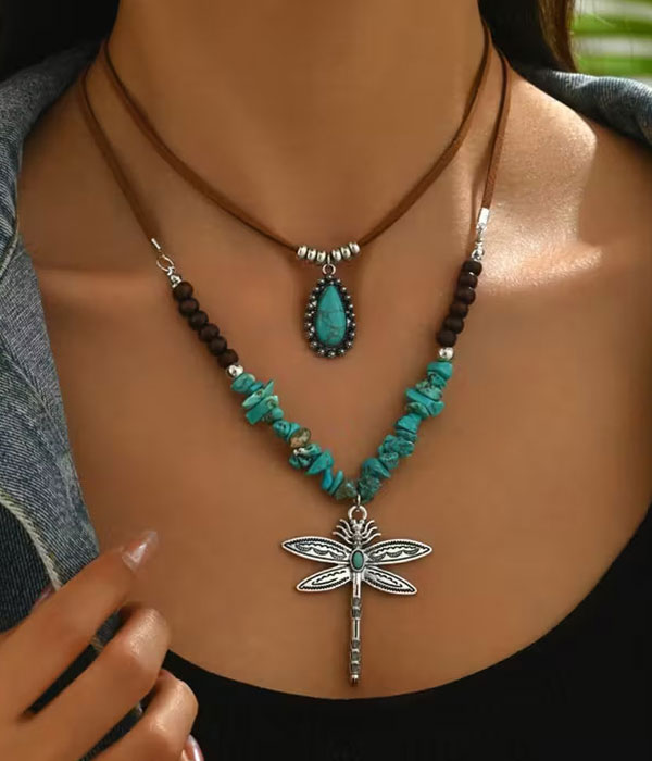 Vintage boho style dragonfly and teardrop 2 necklace set