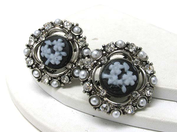 Retro vintage crystal and pearl stud flower picture clip on earring