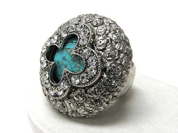 Large  crystal stud paved turquoise puffy dome stretch ring