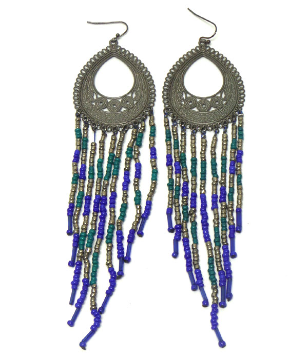 Metal filigree and multi seed beads drop earring