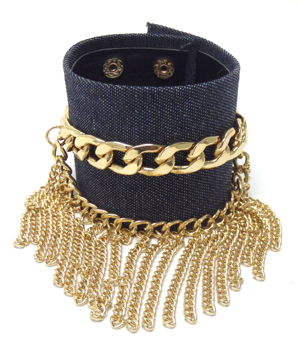 Denim chain and tassel accent snap button bracelet 