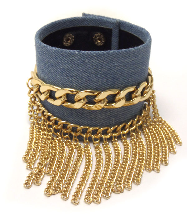 Denim chain and tassel accent snap button bracelet