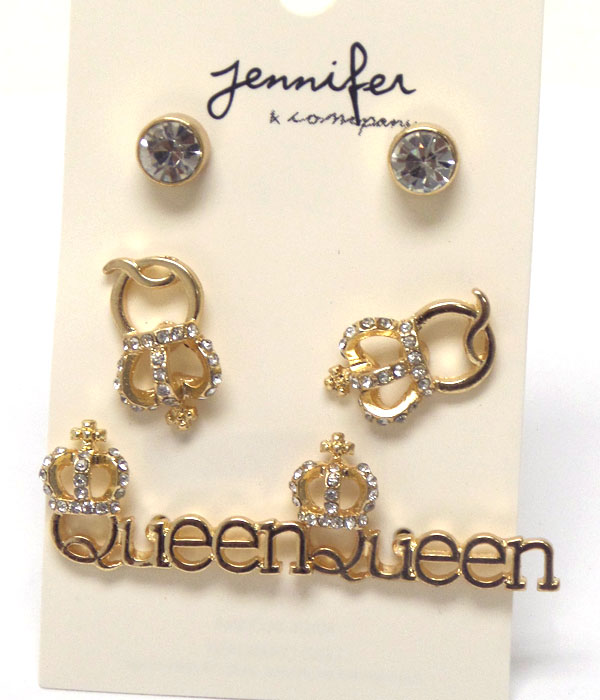 Multi size crystals pair of earring set of 3