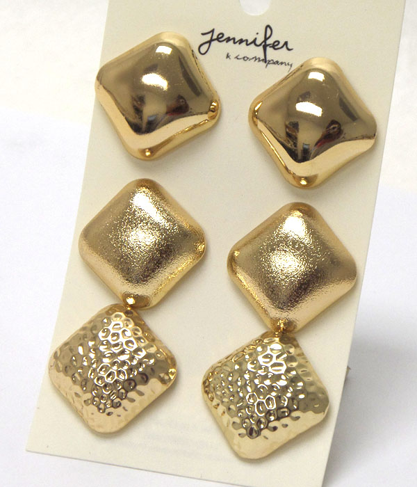 Metal textured piars post square earrings