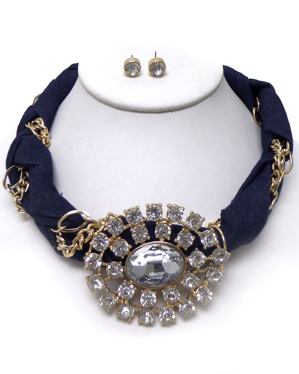 Twisted denim pendant with crystals neckace set