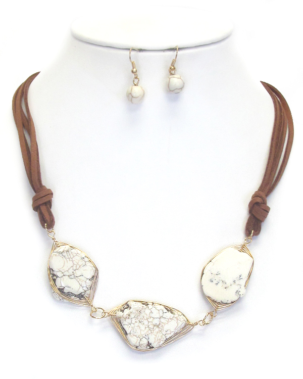 NATURAL 3 STONE LINK AND LEATHERETTE CHAIN NECKLACE SET