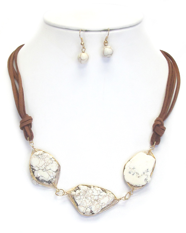Natural 3 stone link and leatherette chain necklace set