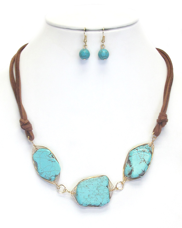 Natural 3 stone link and leatherette chain necklace set