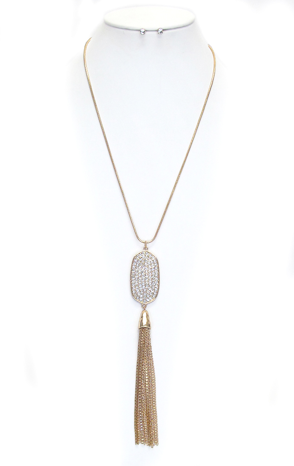 Crystal plate and fine chain tassel drop long necklace set
