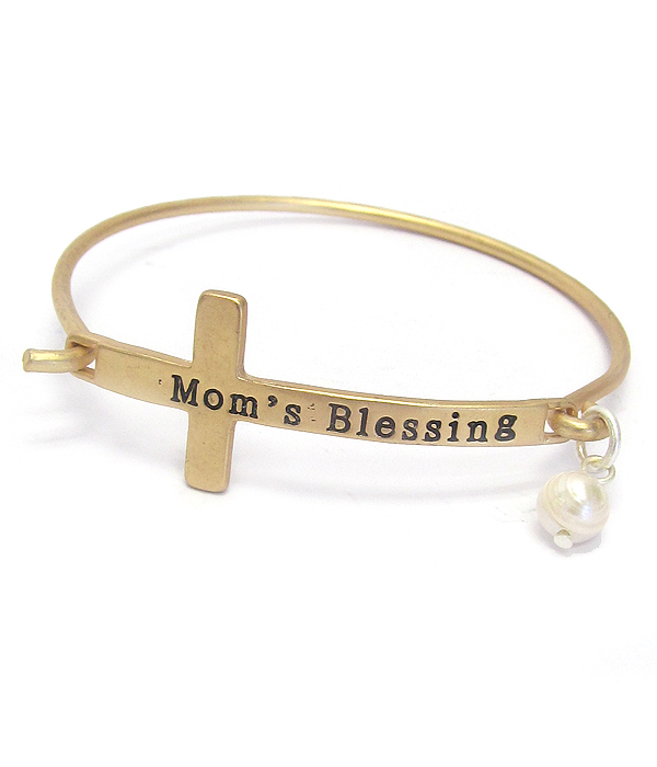 Freshwatr pearl charm religious inspiration cross wire bangle bracelet - moms blessing