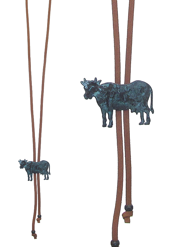 Farm animal leather chain pull tie necklace - cow