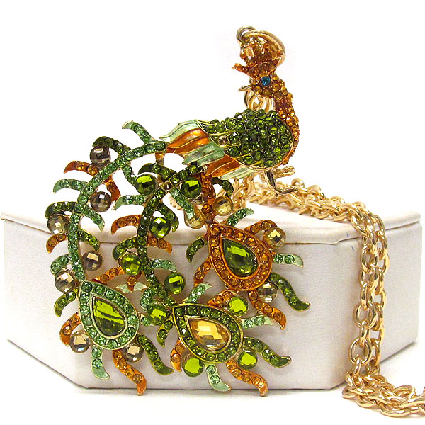 Crystal deco peacock pendant necklace