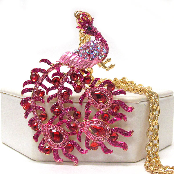 Crystal deco peacock pendant necklace