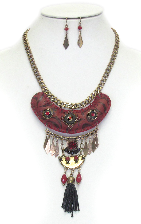 Ethnic style seed bead tassel necklace set