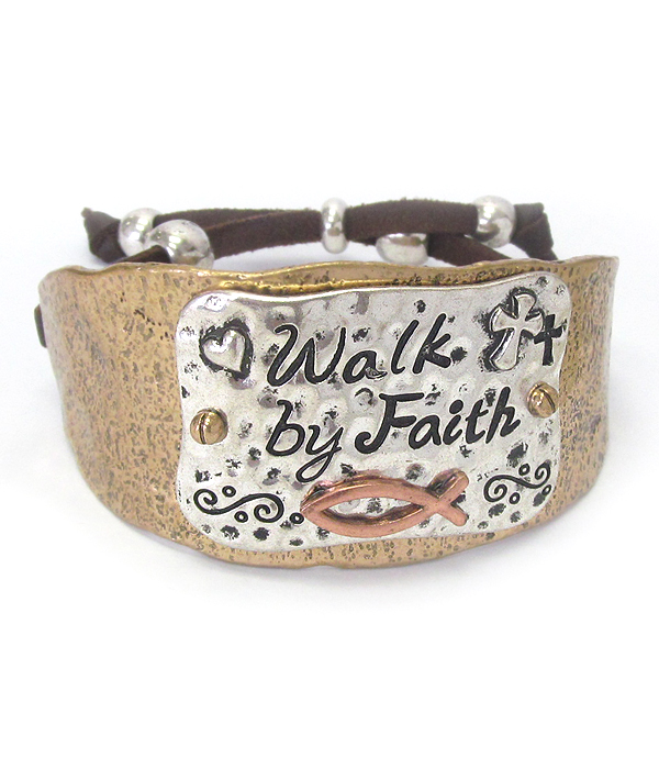 Textured chunky metal and suede pull tie bracelet - walk by faith