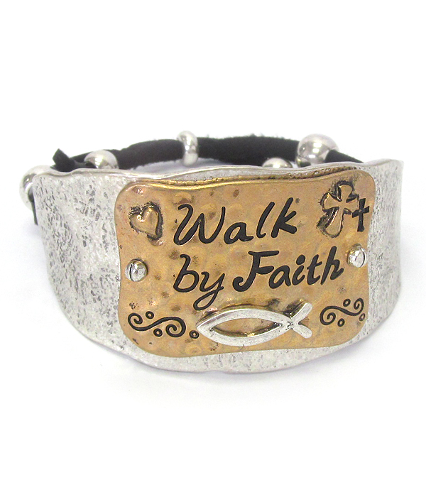 Textured chunky metal and suede pull tie bracelet - walk by faith