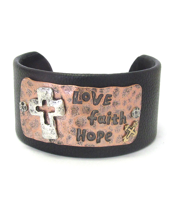 RELIGIOUS INSPIRATION LEATHER BANGLE BRACELET - LOVE FAITH HOPE