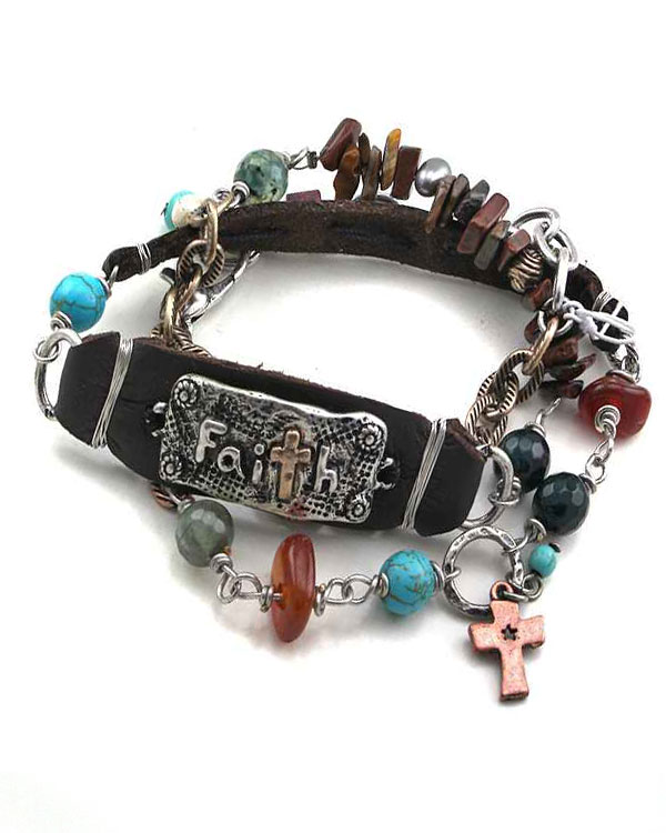 Leather and chain mix wrap bracelet or necklace - faith