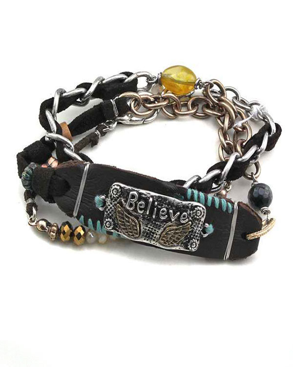 LEATHER AND CHAIN MIX WRAP BRACELET OR NECKLACE - BELIEVE