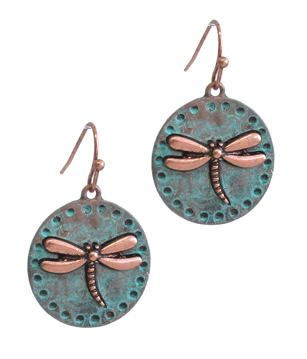 VINTAGE RUSTIC DRAGONFLY DISC EARRING