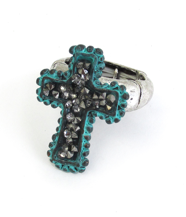 Vintage rustic crystal cross stretch ring