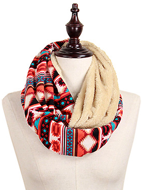 Abstract print and fur infinity scarf - 100% polyester