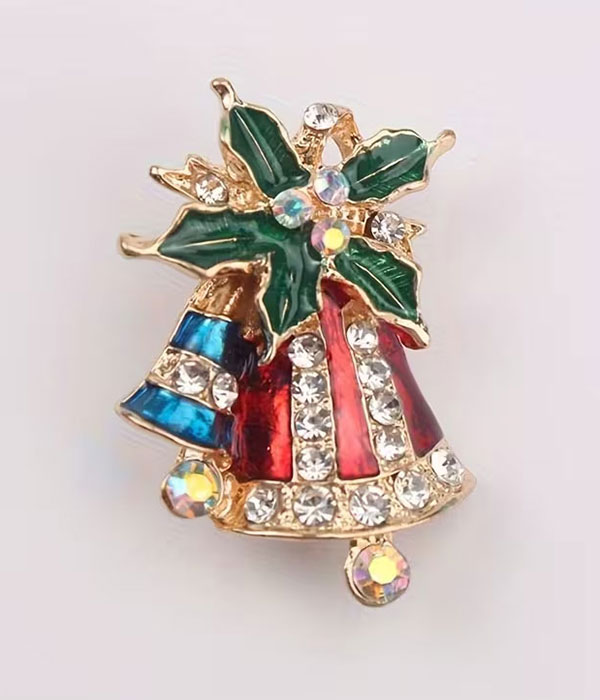 Christmas theme rhinestone brooch or pin - bell