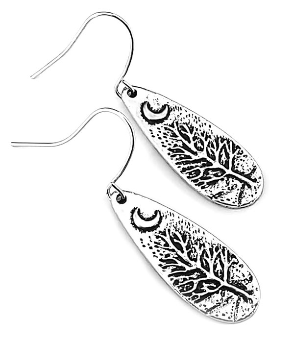 Boho style moon and tree teardrop earring