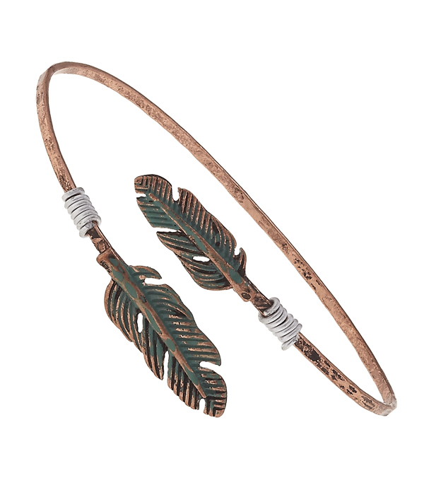 Handmade double feather bangle bracelet