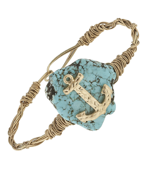 Handmade turquoise and anchor wire bangle bracelet