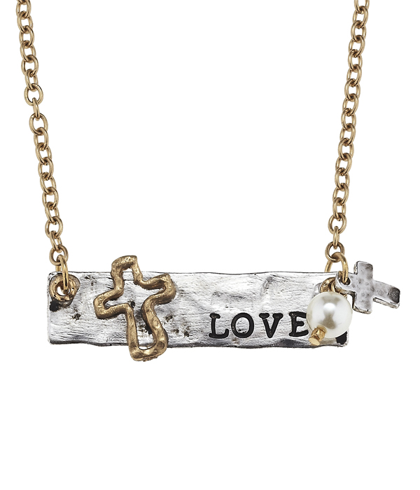 Handmade bar and cross necklace - love