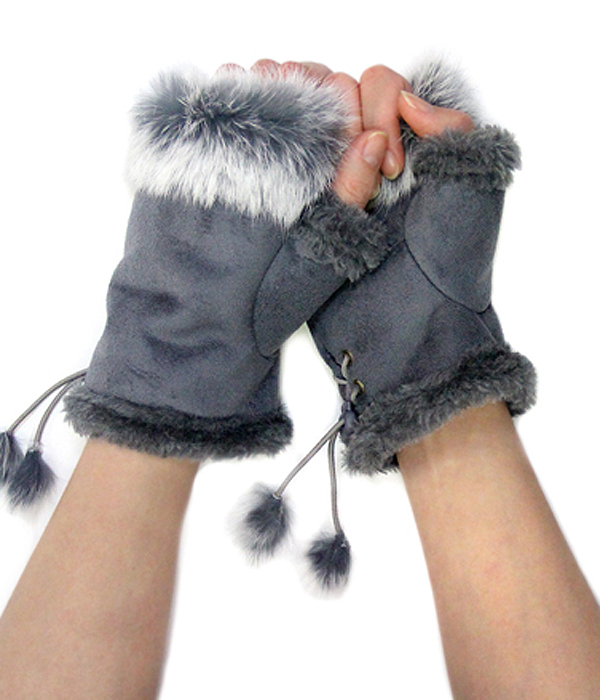 Faux rabbit fur open fingertip mitten gloves