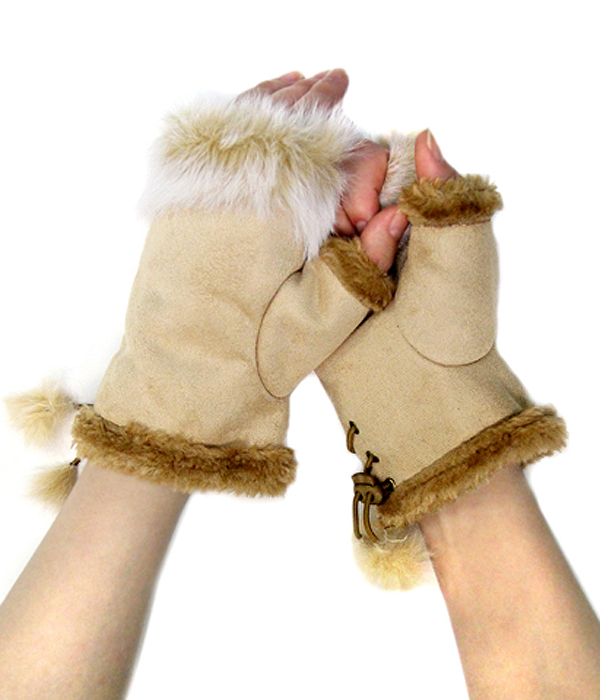 Faux rabbit fur open fingertip mitten gloves