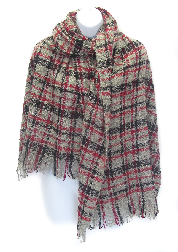 Fringe trim and plaid pattern blanket scarf