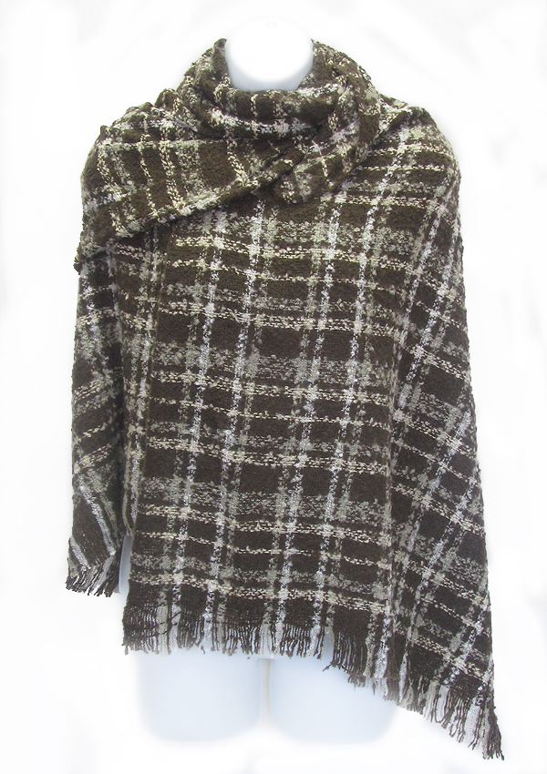 Fringe trim and plaid pattern blanket scarf