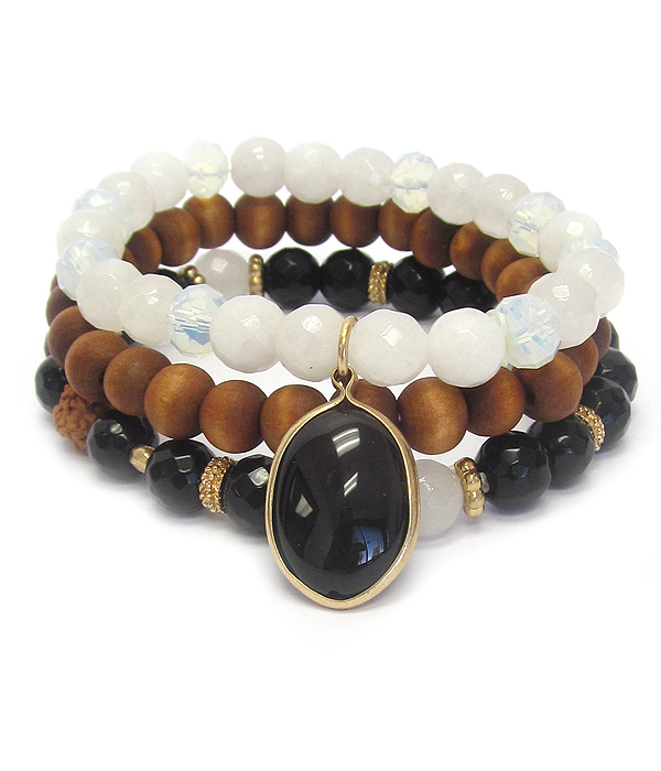 WOOD AND FACET STONE MIX 3 PIECE BRACELET SET