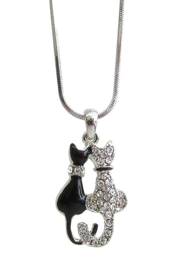 WHITEGOLD PLATING CRYSTAL DOUBLE CAT PENDANT NECKLACE