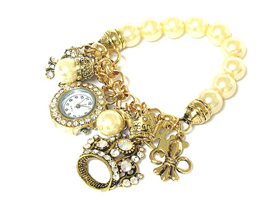 Multi crystal crown fluer de lis charm stretch watch