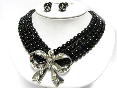 Crystal stud bow pendant 4 line pearl necklace earring set