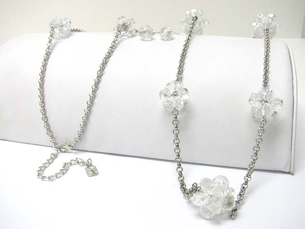 Facet glass stone cluster and metal chain link long necklace earring set