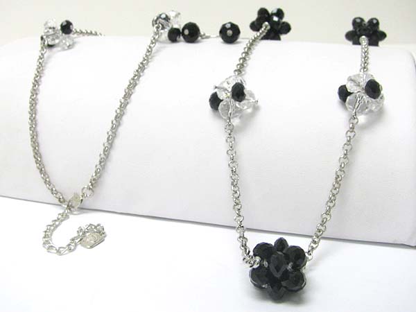 Facet glass stone cluster and metal chain link long necklace earring set