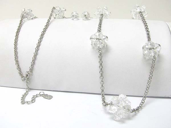 Facet glass stone cluster and metal chain link long necklace earring set