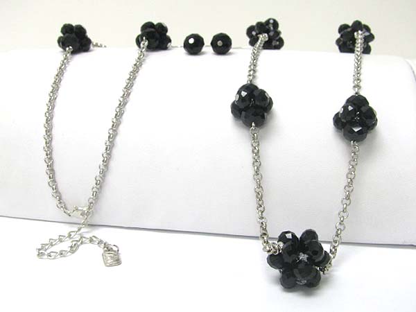 Facet glass stone cluster and metal chain link long necklace earring set
