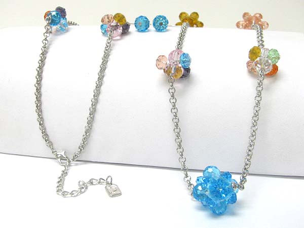 Facet glass stone cluster and metal chain link long necklace earring set